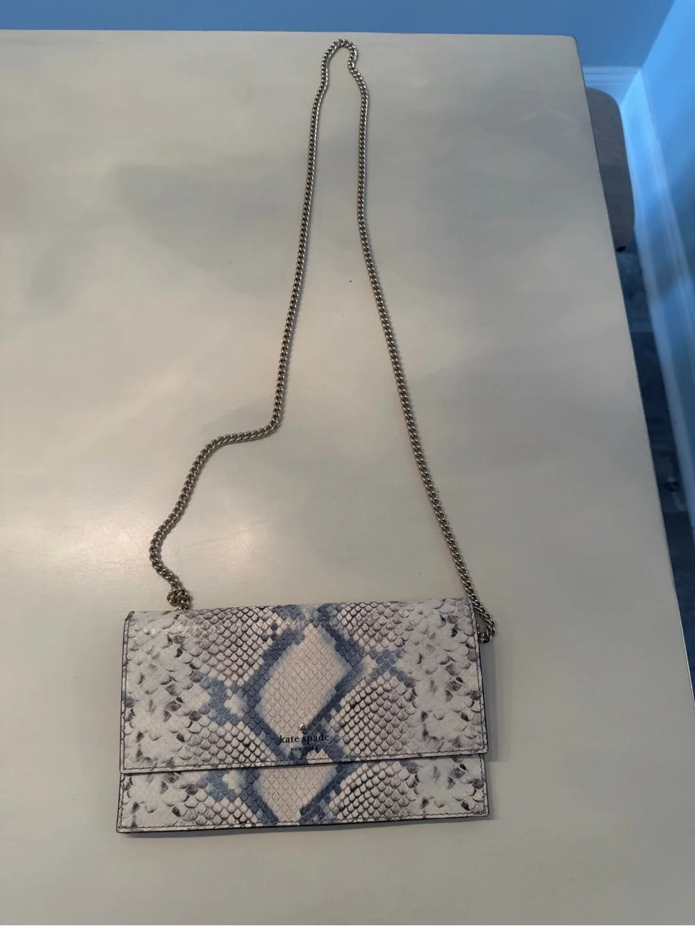 kate spade White and Blue Snake-Print Chain Crossbody